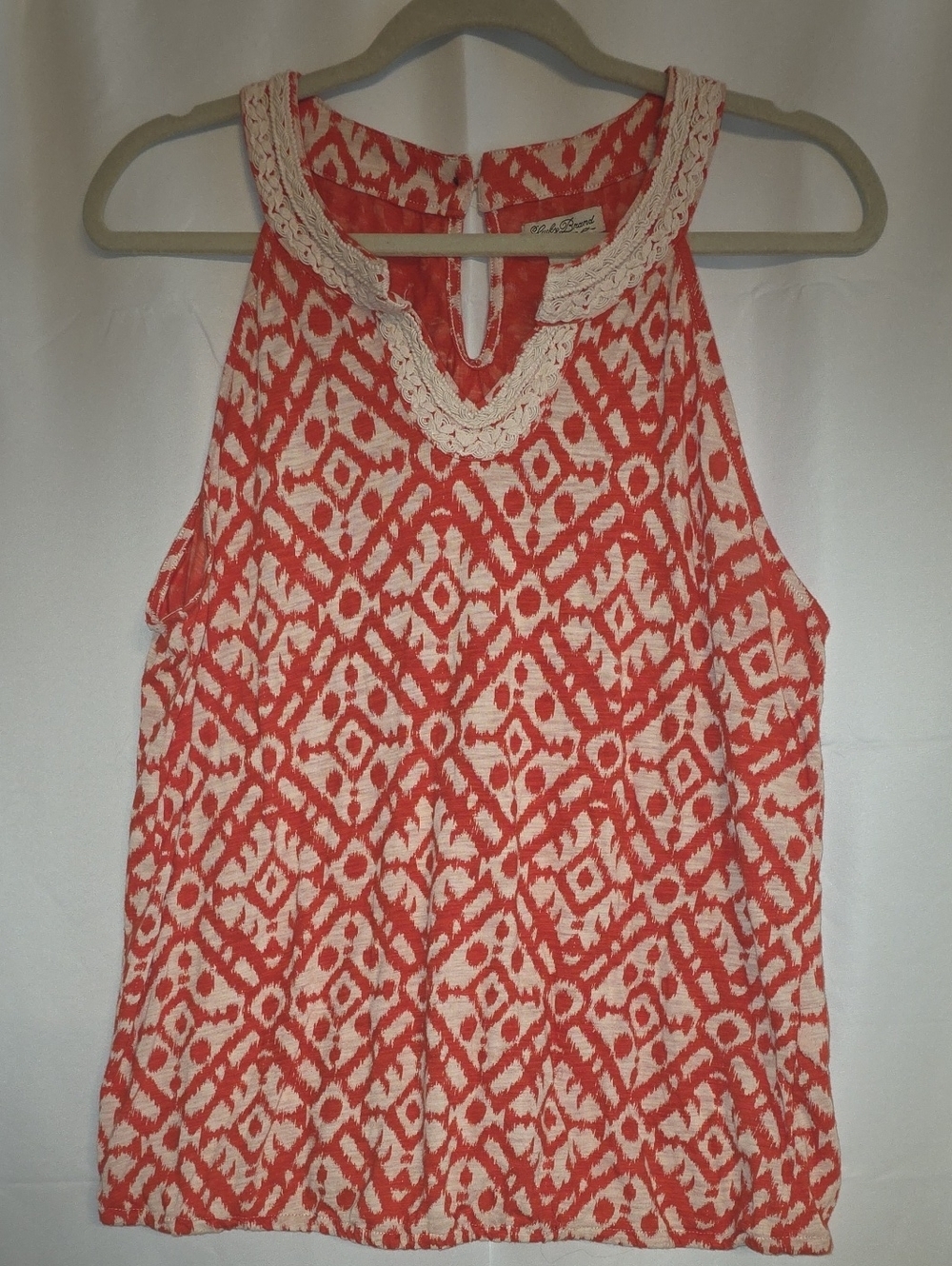 Lucky Brand Coral and Cream Ikat Crochet-Trim Halter Tank Size XL